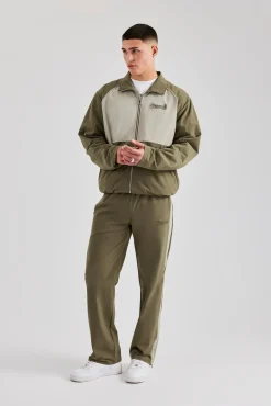 CLO-SET Nylon Panel Funnel Neck Track Jacket & Jogger - Khaki