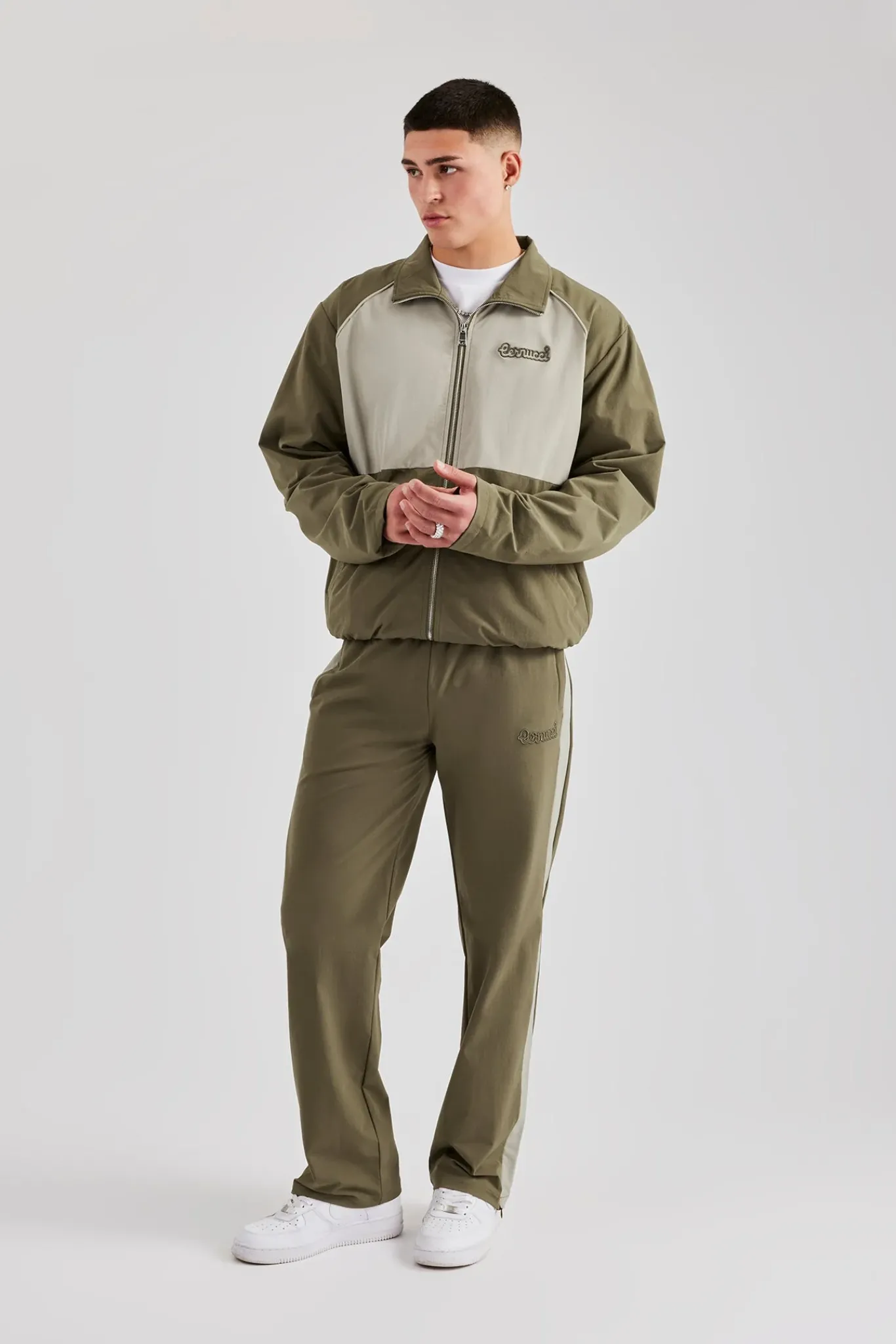 CLO-SET Nylon Panel Funnel Neck Track Jacket & Jogger - Khaki