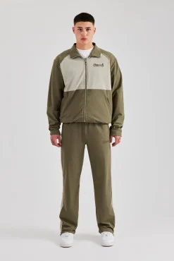 CLO-SET Nylon Panel Funnel Neck Track Jacket & Jogger - Khaki