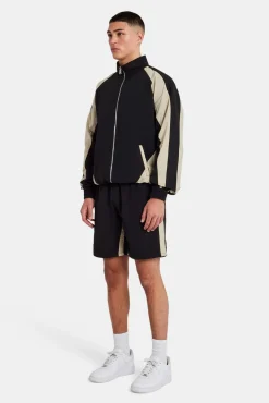 CLO-SET Nylon Panelled Track Jacket & Short Set - Black