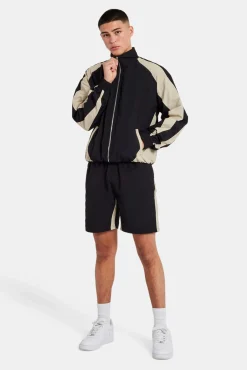 CLO-SET Nylon Panelled Track Jacket & Short Set - Black