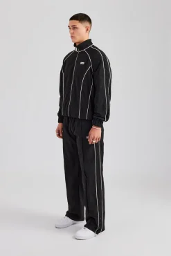 CLO-SET Nylon Piping Zip Through Tracksuit - Black