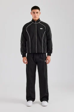 CLO-SET Nylon Piping Zip Through Tracksuit - Black