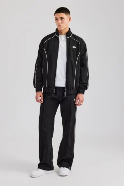 CLO-SET Nylon Piping Zip Through Tracksuit - Black