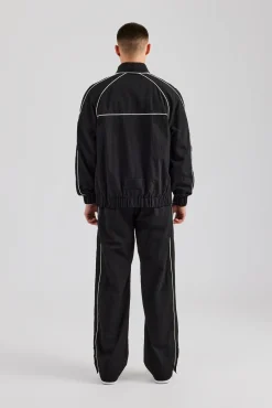 CLO-SET Nylon Piping Zip Through Tracksuit - Black