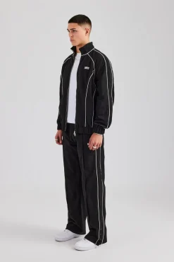 CLO-SET Nylon Piping Zip Through Tracksuit - Black