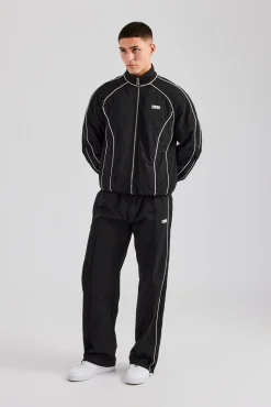 CLO-SET Nylon Piping Zip Through Tracksuit - Black
