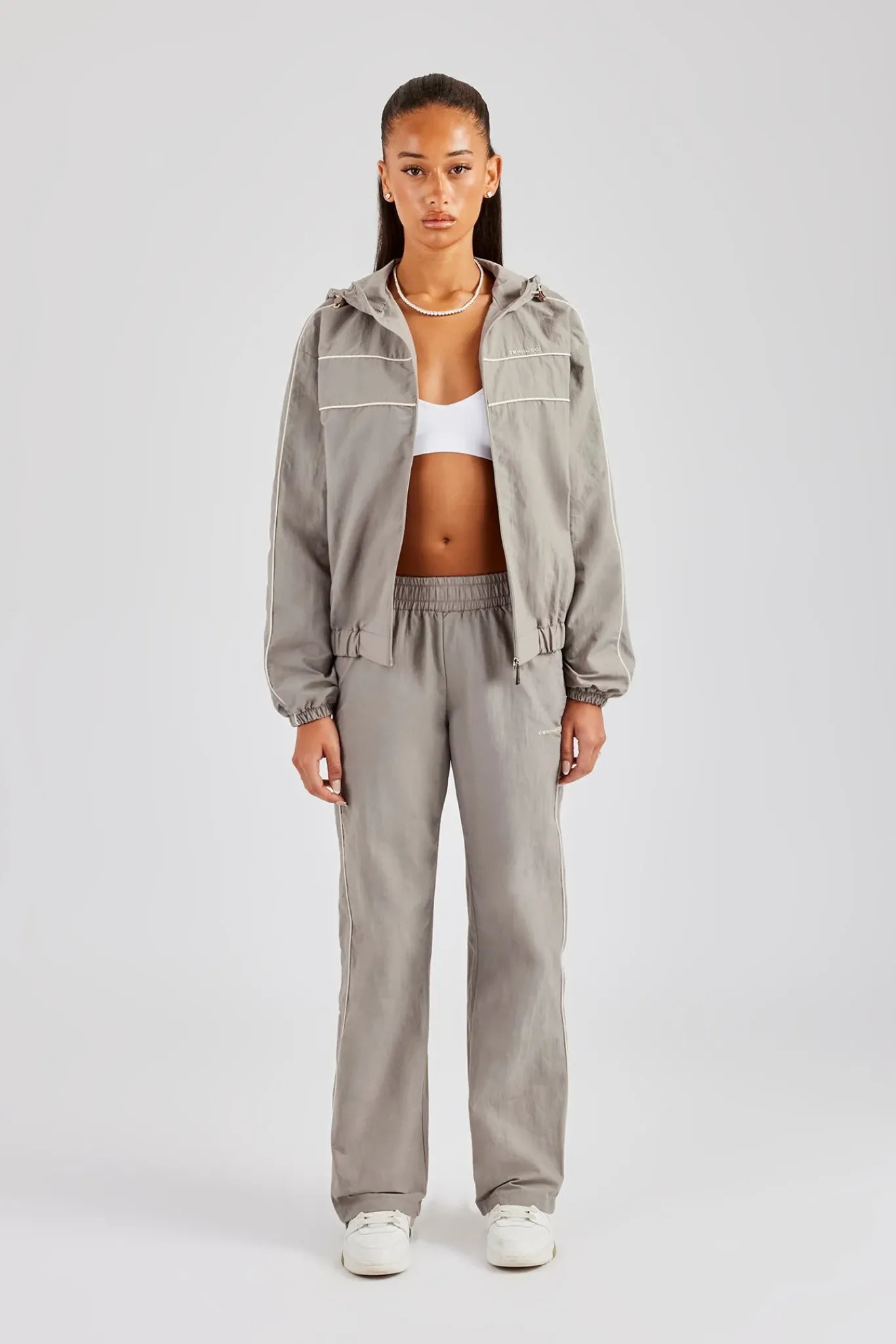 Women CLO-SET Nylon Zip Through Hooded Jacket & Trousers - Light Grey