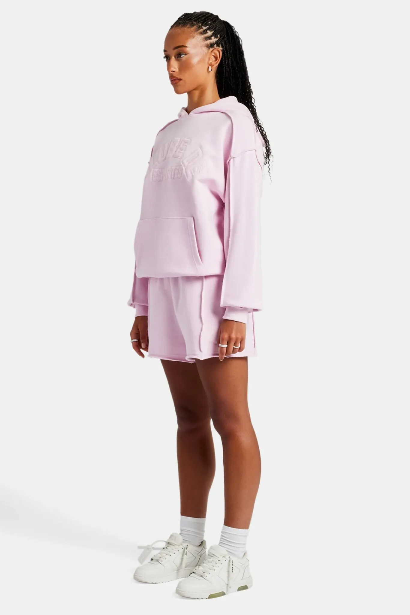 Women CLO-SET Overlock Oversized Hoodie & Short Set - Pink