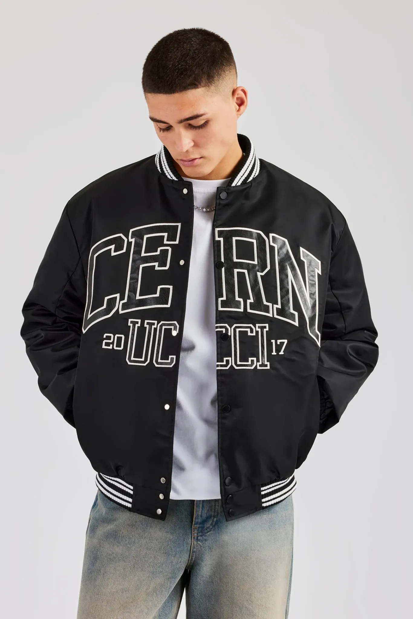 CLO-TOP-OUT Oversized 17 Nylon Applique Bomber Jacket - Black