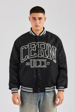 CLO-TOP-OUT Oversized 17 Nylon Applique Bomber Jacket - Black