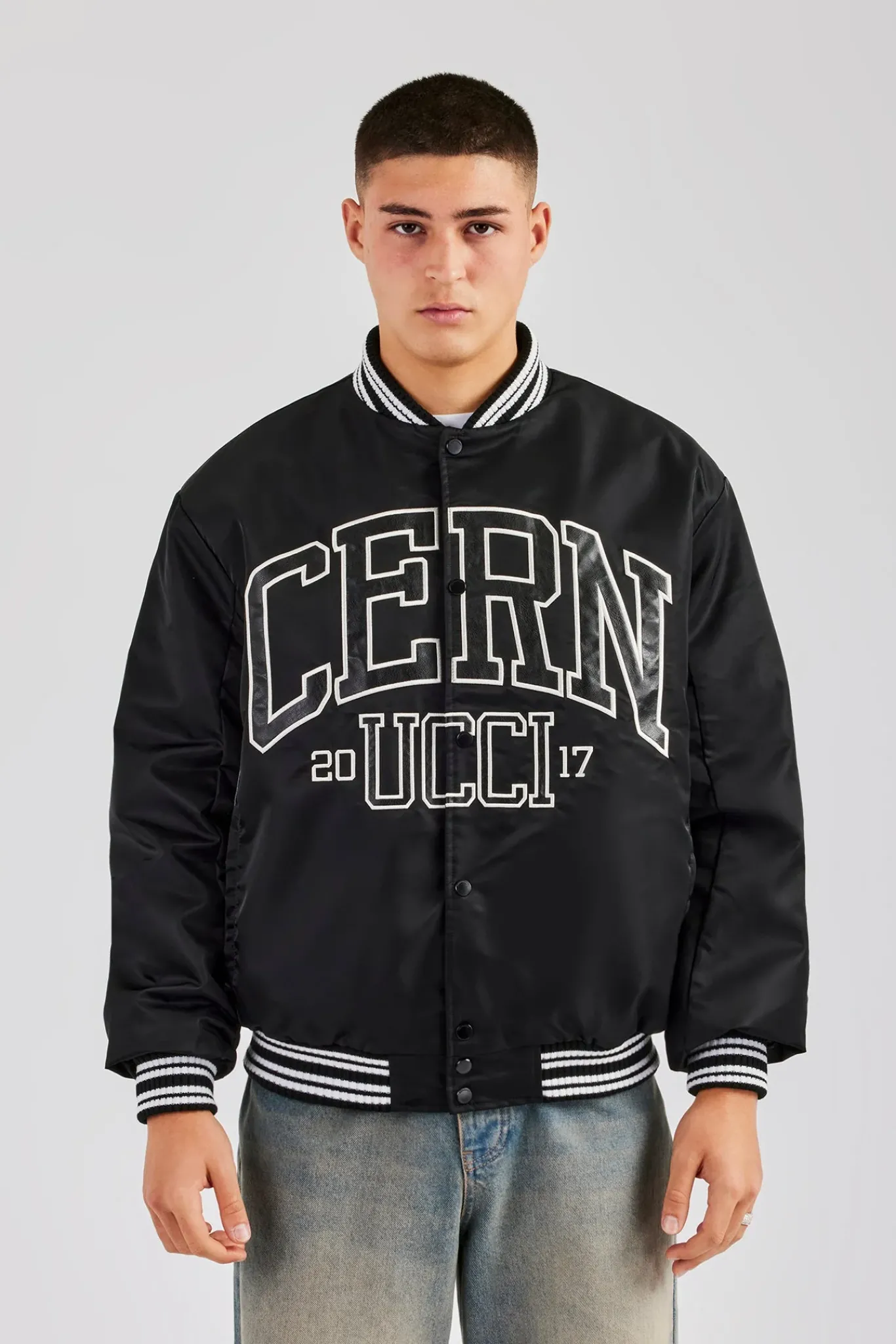 CLO-TOP-OUT Oversized 17 Nylon Applique Bomber Jacket - Black