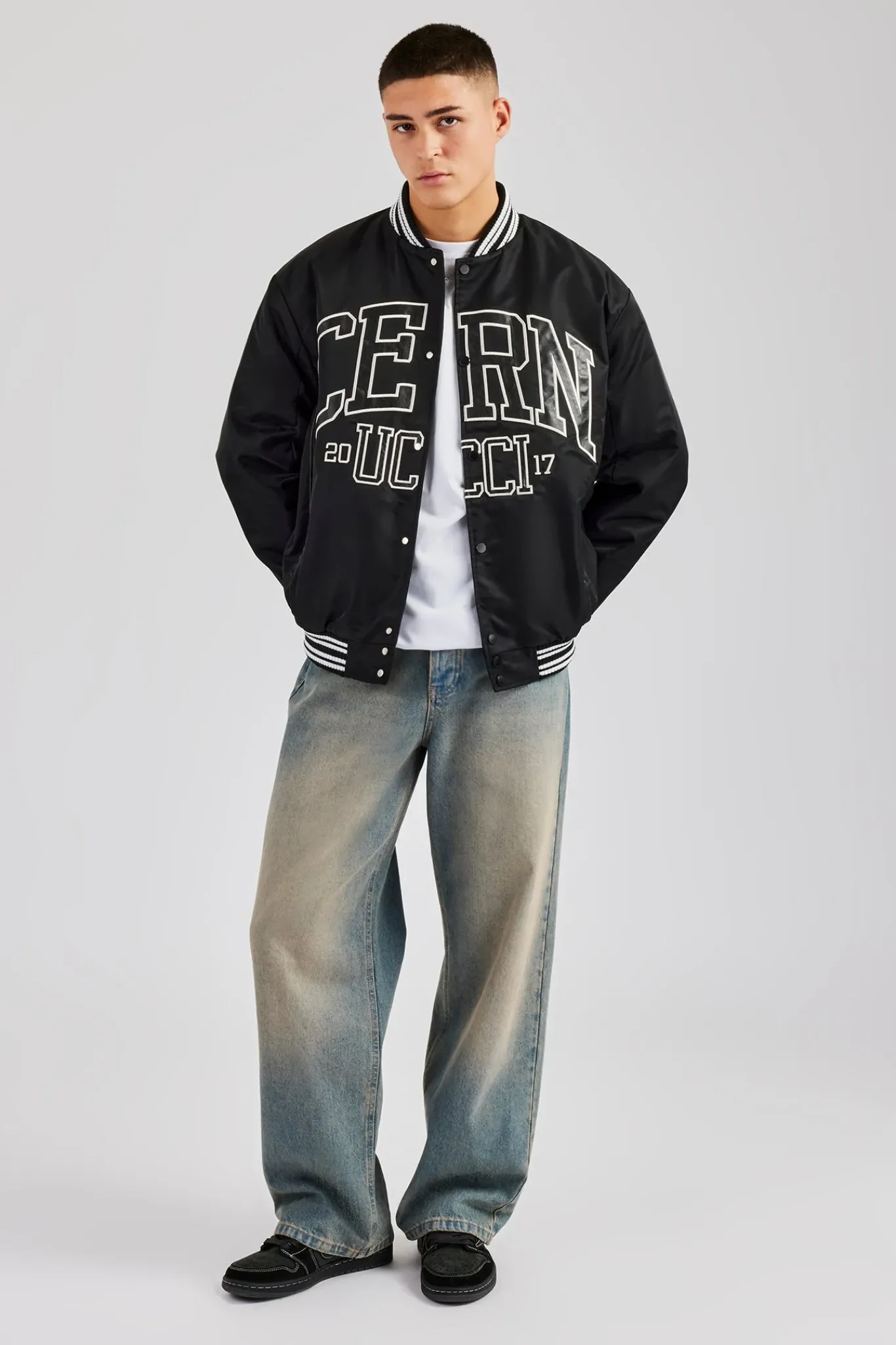 CLO-TOP-OUT Oversized 17 Nylon Applique Bomber Jacket - Black