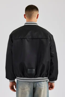CLO-TOP-OUT Oversized 17 Nylon Applique Bomber Jacket - Black