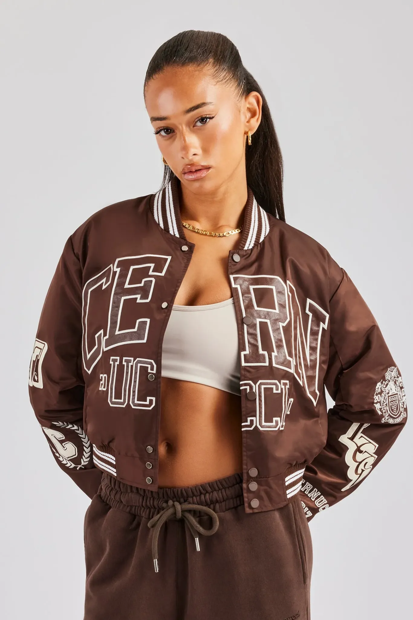 Women CLO-TOP-OUT Oversized 17 Nylon Applique Badge Bomber - Chocolate