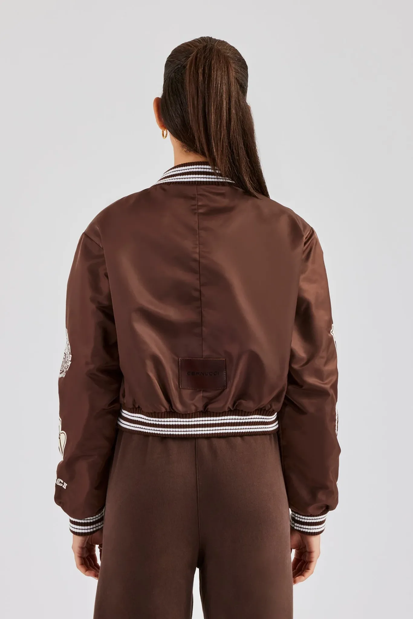 Women CLO-TOP-OUT Oversized 17 Nylon Applique Badge Bomber - Chocolate