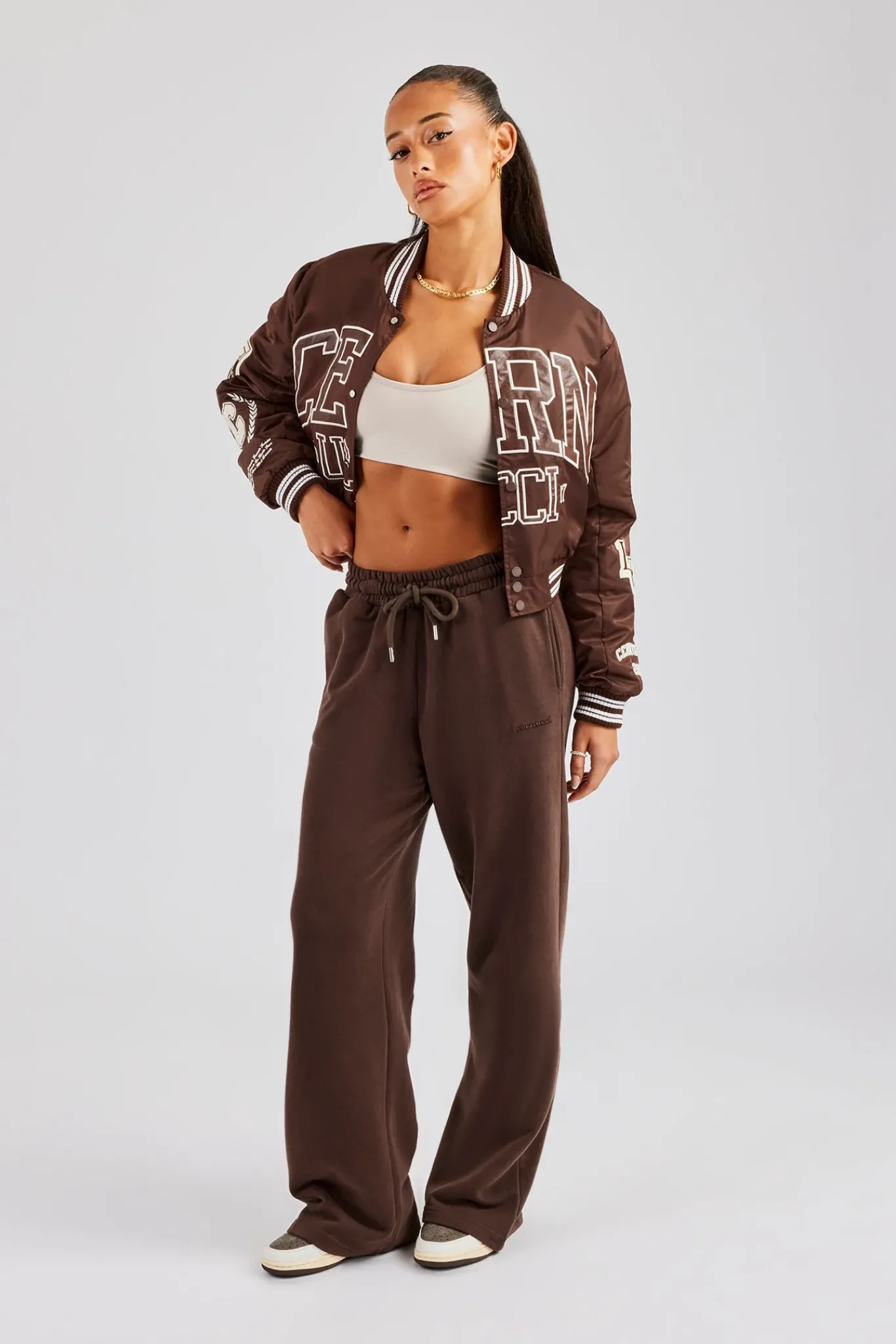 Women CLO-TOP-OUT Oversized 17 Nylon Applique Badge Bomber - Chocolate
