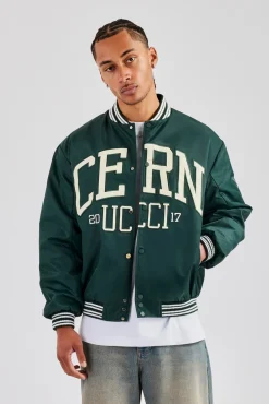 CLO-TOP-OUT Oversized 17 Nylon Applique Bomber Jacket - Forest Green