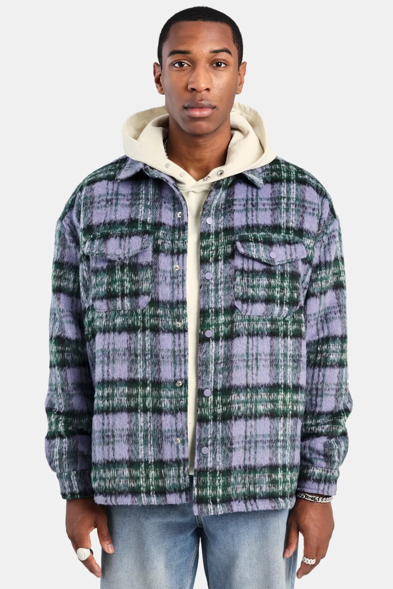 CLO-TOP-SHIR Oversized Brushed Check Overshirt - Purple