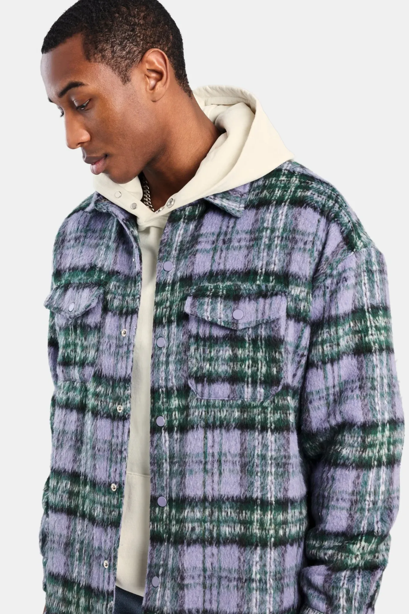CLO-TOP-SHIR Oversized Brushed Check Overshirt - Purple