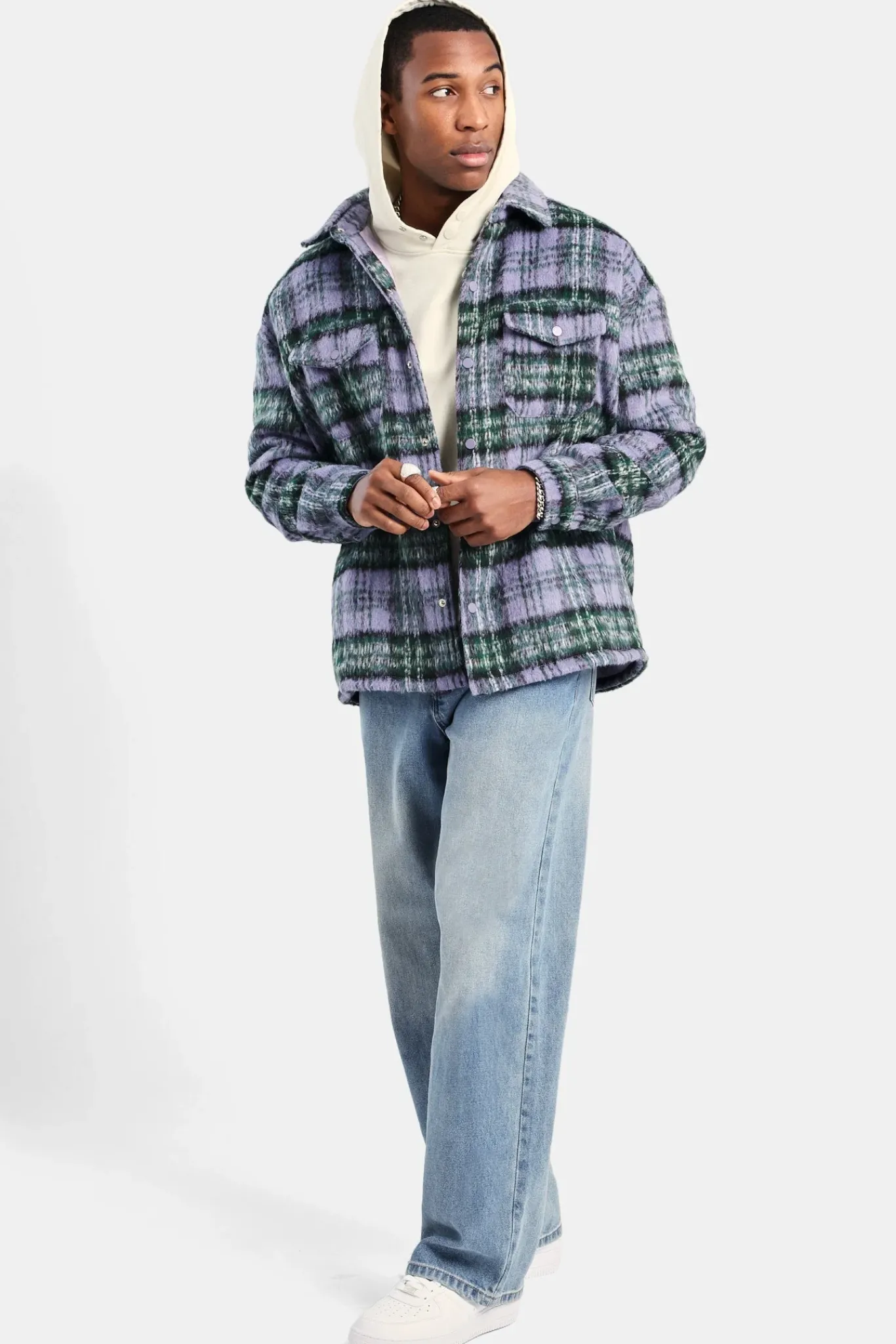 CLO-TOP-SHIR Oversized Brushed Check Overshirt - Purple