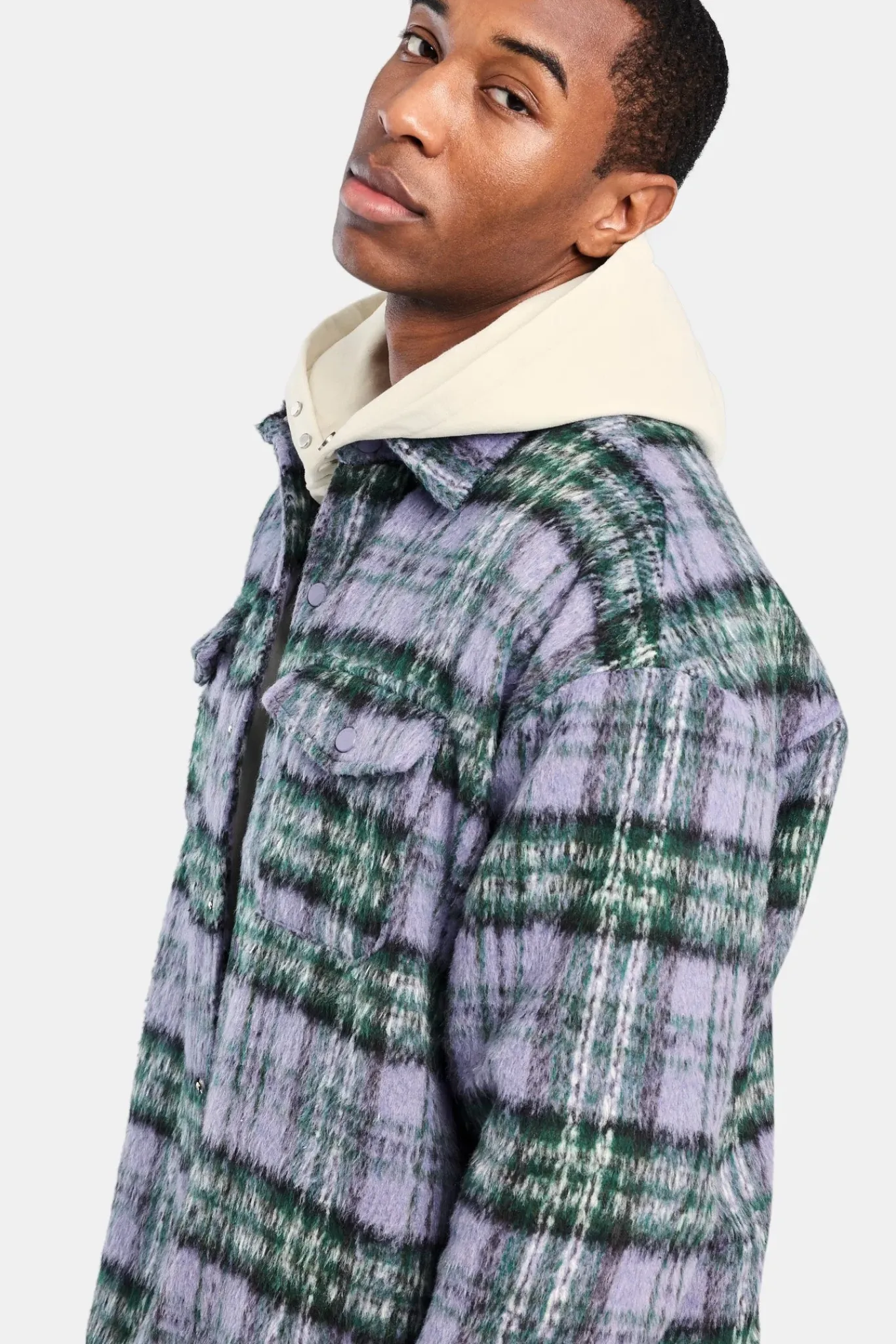 CLO-TOP-SHIR Oversized Brushed Check Overshirt - Purple