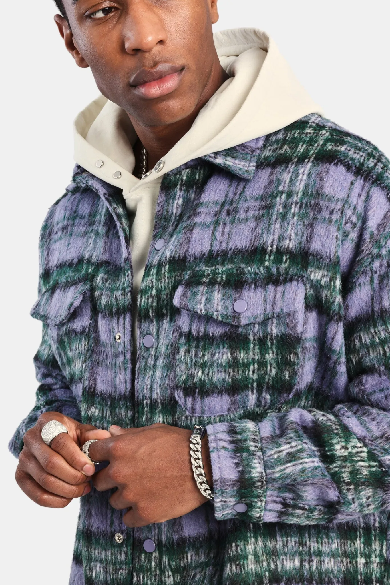 CLO-TOP-SHIR Oversized Brushed Check Overshirt - Purple