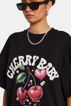Women CLO-TOP-TEE Oversized Cherry Graphic T-Shirt - Black