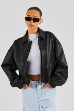 Women CLO-TOP-OUT Oversized Collared Pu Bomber - Black