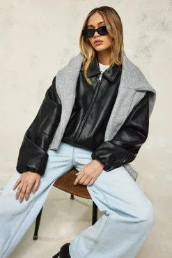 Women CLO-TOP-OUT Oversized Collared Pu Bomber - Black