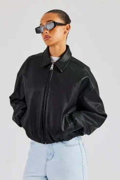 Women CLO-TOP-OUT Oversized Collared Pu Bomber - Black