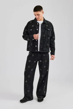 CLO-TOP-OUT-DEN Oversized Embellished Denim Jacket - Washed Black