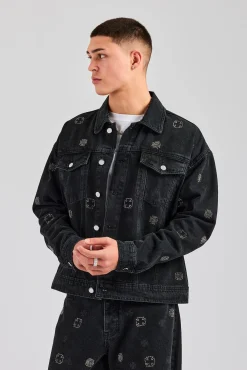 CLO-TOP-OUT-DEN Oversized Embellished Denim Jacket - Washed Black