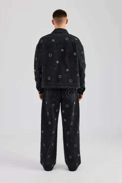 CLO-SET-DEN Oversized Embellished Jacket and Jean Set - Washed Black