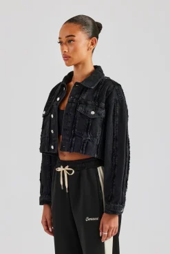 Women CLO-TOP-OUT-DEN Oversized Raw Edge Cropped Denim Jacket - Washed Black