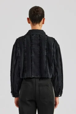 Women CLO-TOP-OUT-DEN Oversized Raw Edge Cropped Denim Jacket - Washed Black
