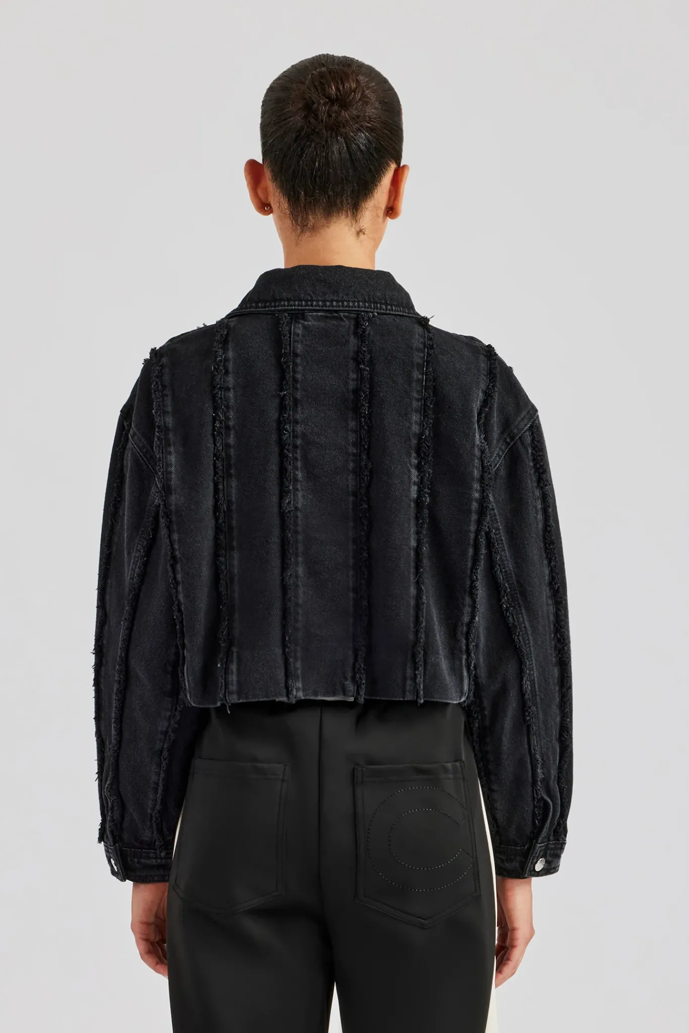 Women CLO-TOP-OUT-DEN Oversized Raw Edge Cropped Denim Jacket - Washed Black