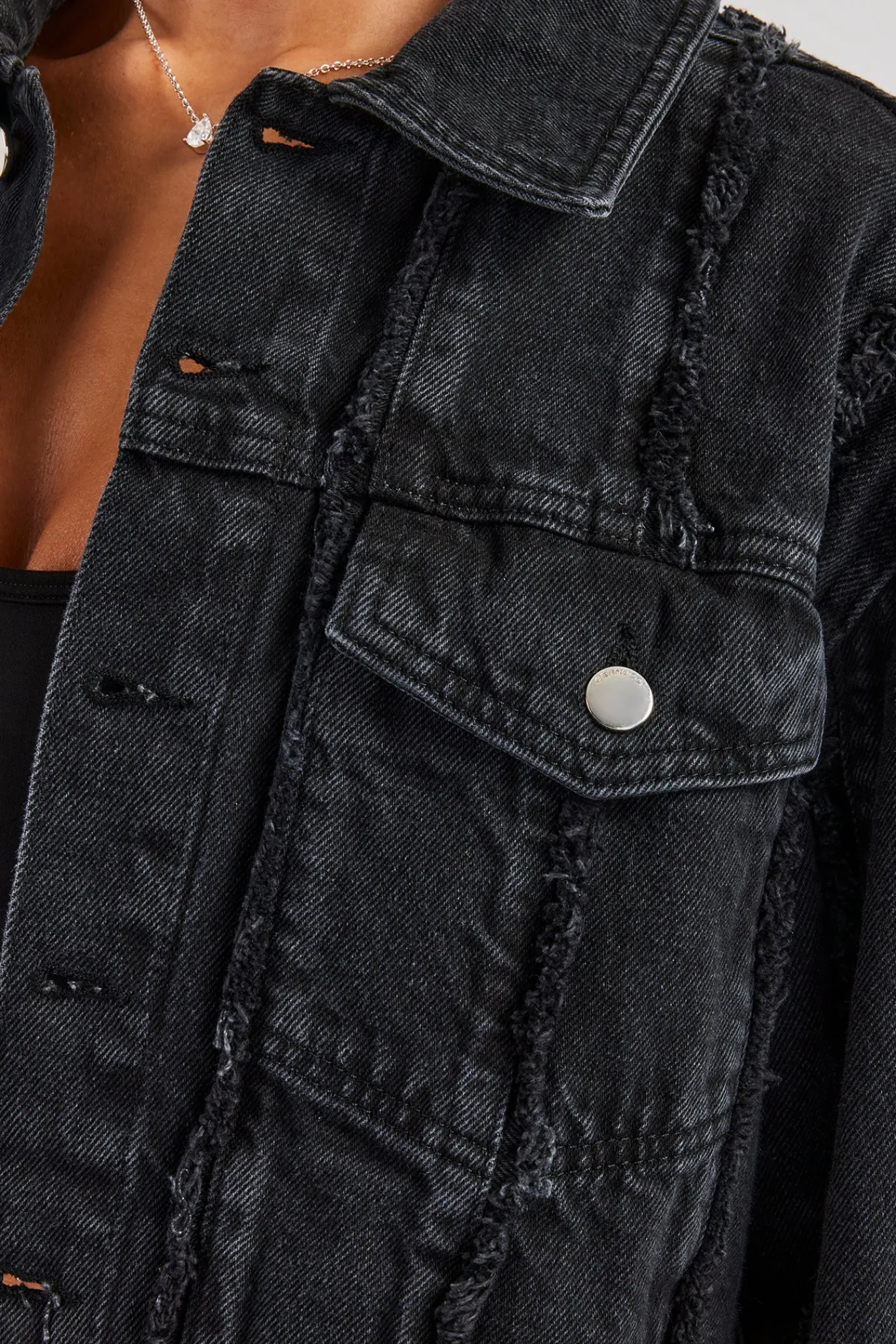 Women CLO-TOP-OUT-DEN Oversized Raw Edge Cropped Denim Jacket - Washed Black