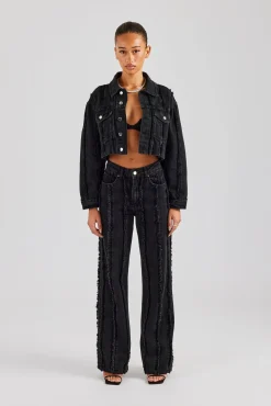 Women CLO-SET-DEN Oversized Raw Edge Cropped Denim Jacket & Relaxed Jean - Washed Black