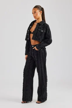 Women CLO-SET-DEN Oversized Raw Edge Cropped Denim Jacket & Relaxed Jean - Washed Black
