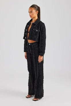 Women CLO-SET-DEN Oversized Raw Edge Cropped Denim Jacket & Relaxed Jean - Washed Black