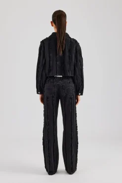Women CLO-SET-DEN Oversized Raw Edge Cropped Denim Jacket & Relaxed Jean - Washed Black