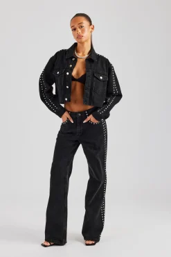 Women CLO-SET-DEN Pearl Stud Cropped Denim Jacket & Flare Jean - Washed Black