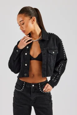 Women CLO-SET-DEN Pearl Stud Cropped Denim Jacket & Flare Jean - Washed Black