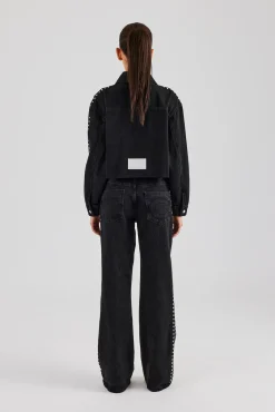 Women CLO-SET-DEN Pearl Stud Cropped Denim Jacket & Flare Jean - Washed Black