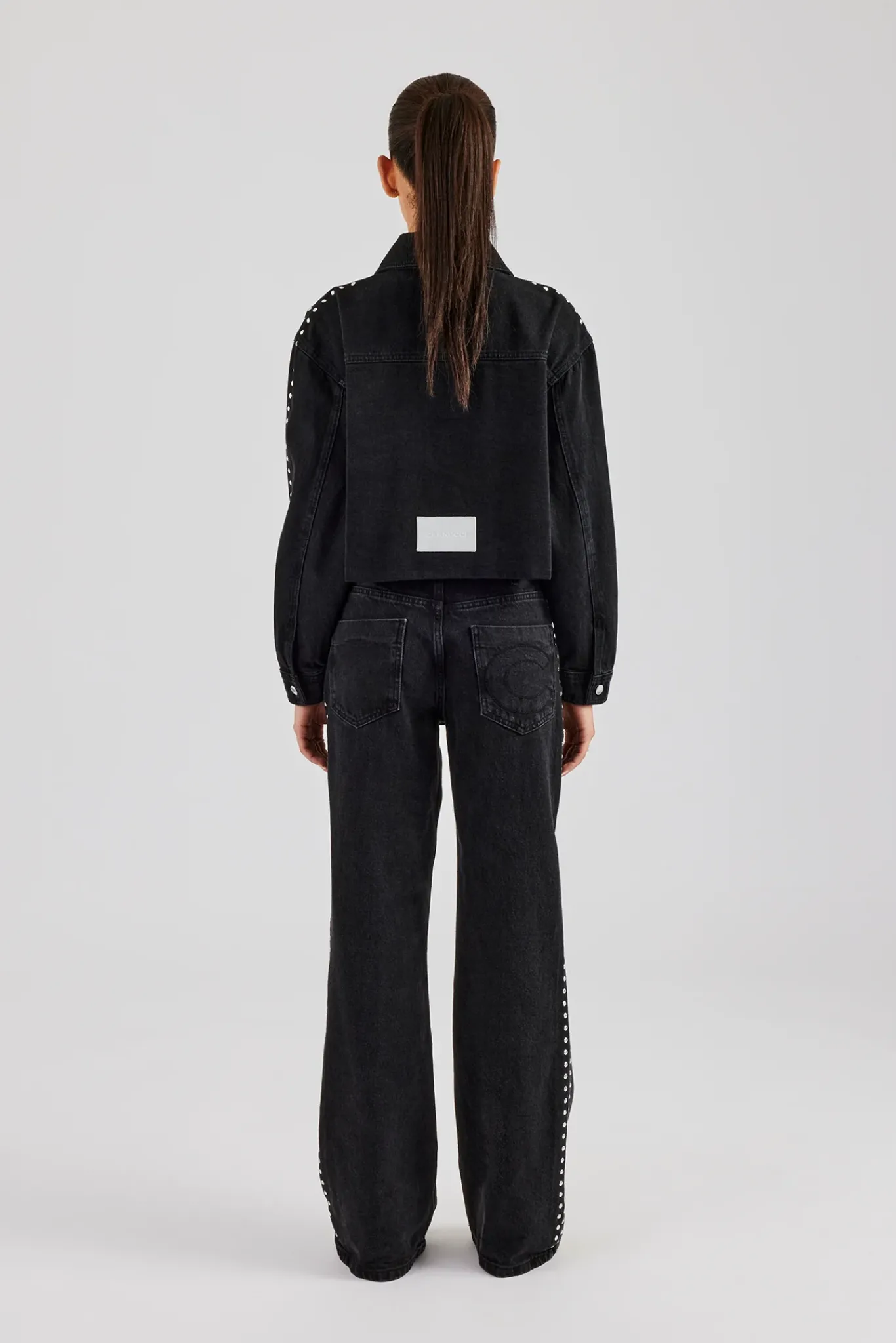 Women CLO-SET-DEN Pearl Stud Cropped Denim Jacket & Flare Jean - Washed Black