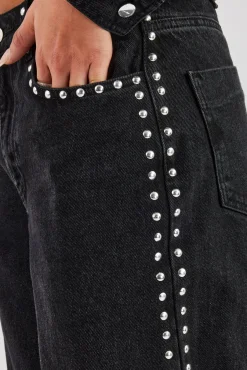 Women CLO-SET-DEN Pearl Stud Cropped Denim Jacket & Flare Jean - Washed Black