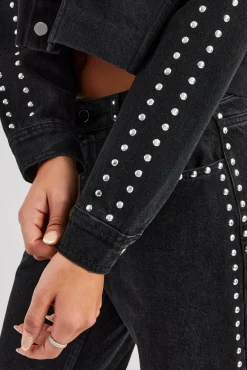 Women CLO-SET-DEN Pearl Stud Cropped Denim Jacket & Flare Jean - Washed Black