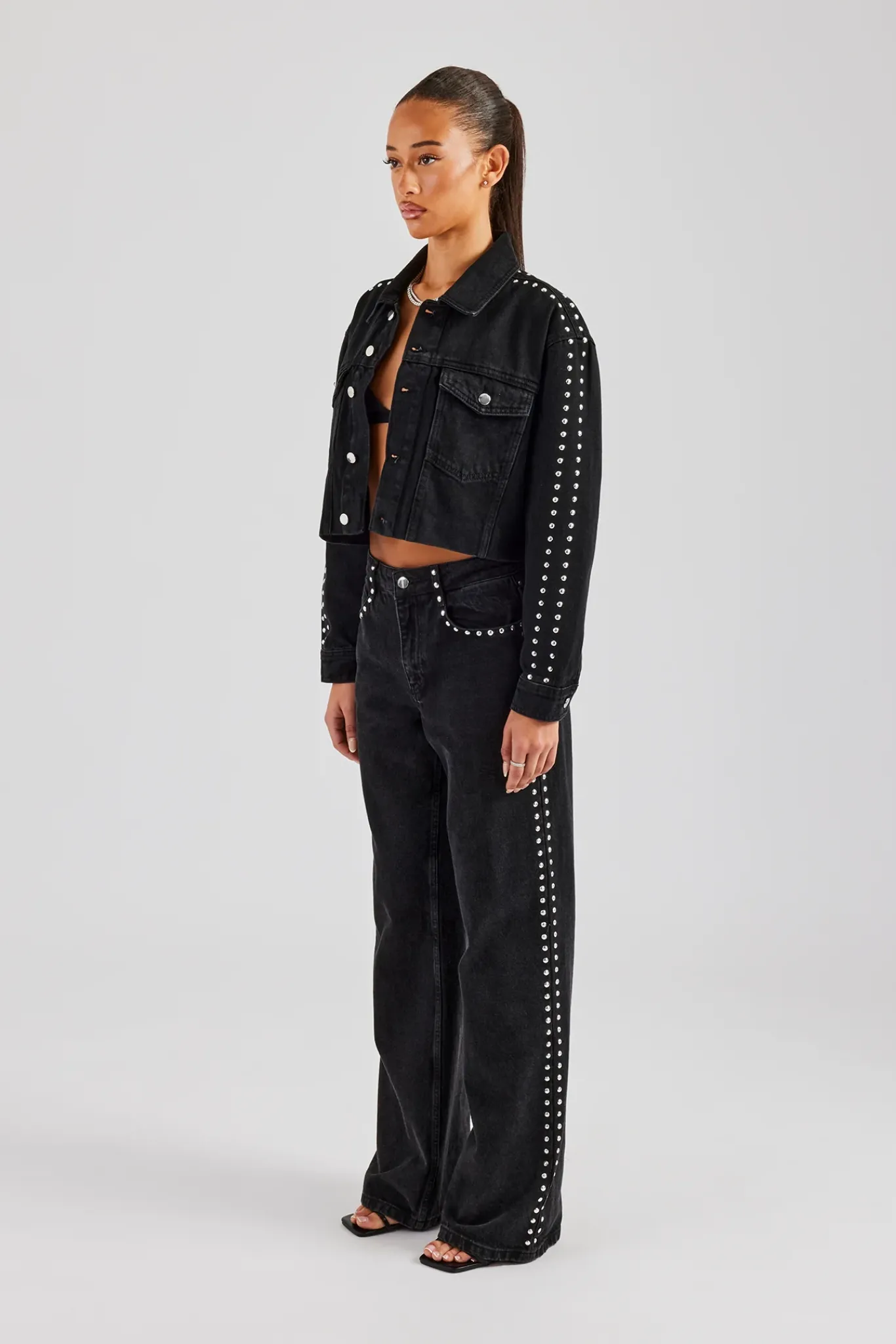 Women CLO-SET-DEN Pearl Stud Cropped Denim Jacket & Flare Jean - Washed Black