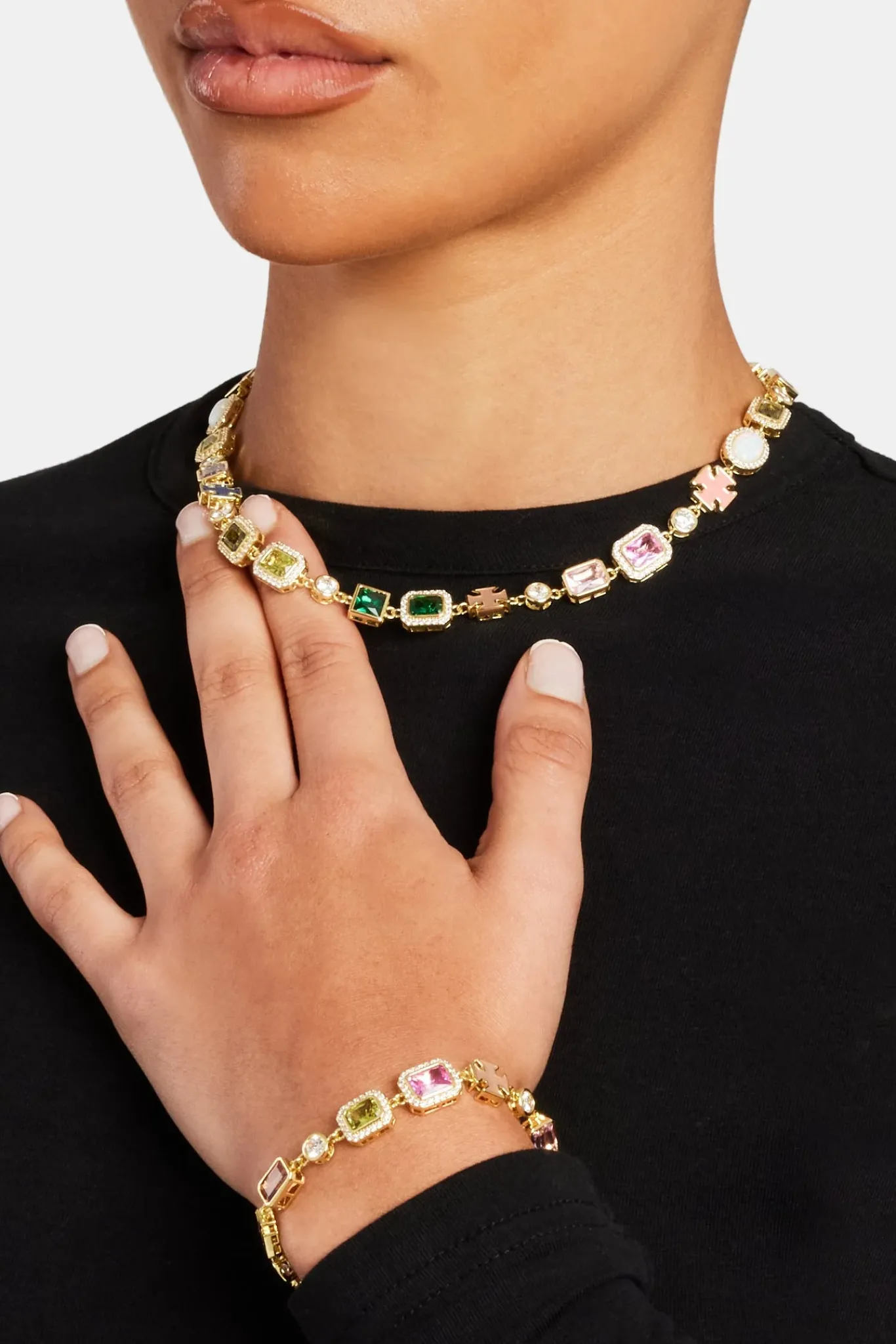 Women JWL-BUND Pink & Green Multi Gem Stone Motif Necklace & Bracelet - Gold